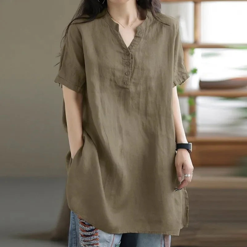 Women's Cotton and Hemp Shirt™ Commuting Style Casual Half Open Short Sleeve Shirt