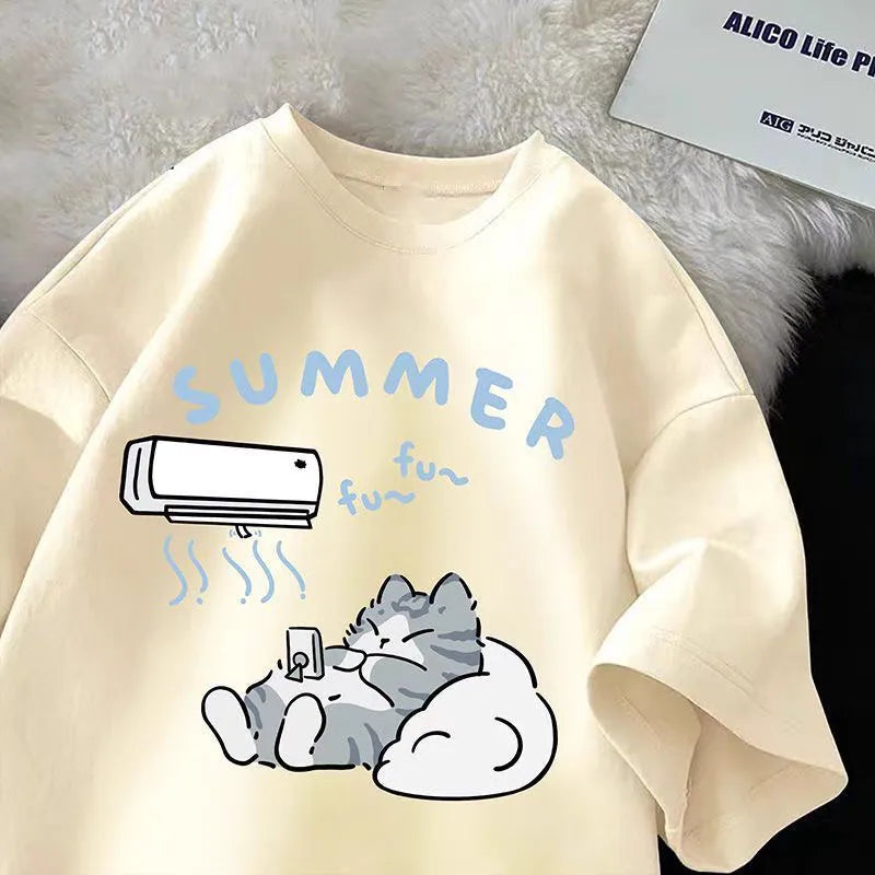 Women's Japanese Cartoon Cute Cat Print T-shirt™ Loose Casual Half Sleeve Soft Plus Size TShirt