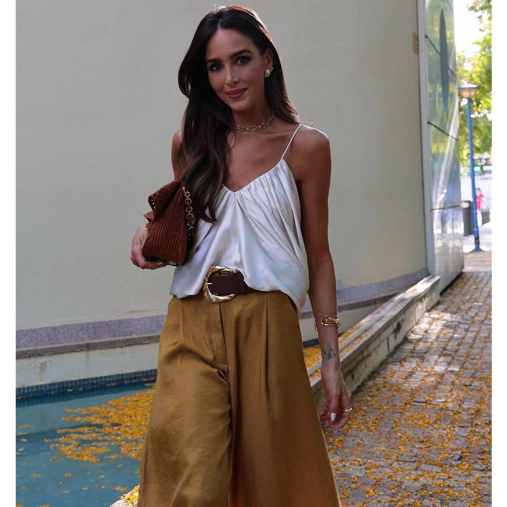 Women's Solid Color Belt Satin Pants™ Textured Wide Leg Casual Pants