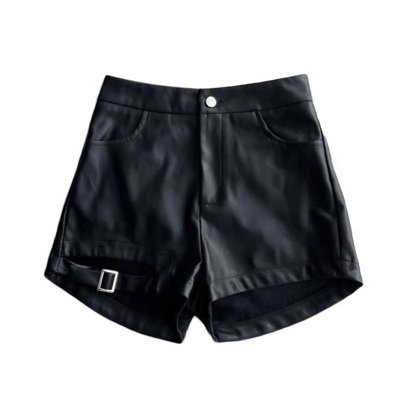 Women's Shorts™ High Waist PU Leather Versatile Hot Shorts Hollow out Buckle Slim Shorts