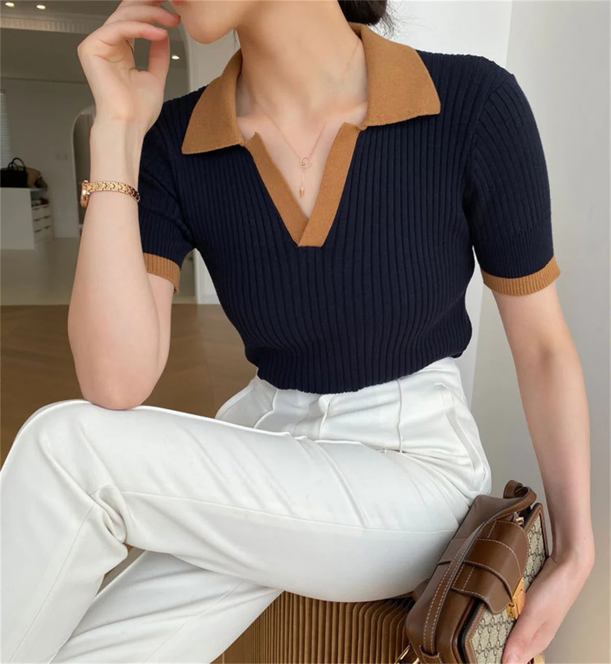 Women's V Neck Knitted Tops™ Short Sleeve Slim Casual Vintage T-shirt