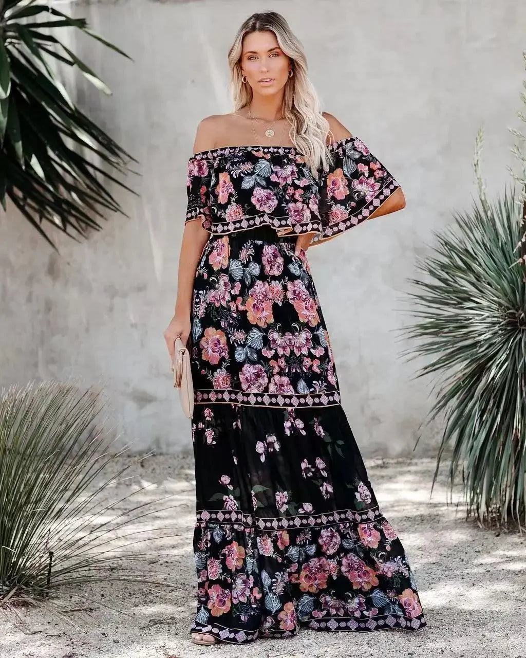 Women's Spring Summer Dresses™ Stand Off-shoulder Red Flower Printing Long Oversized Wide Hemline Sleeveless Dress