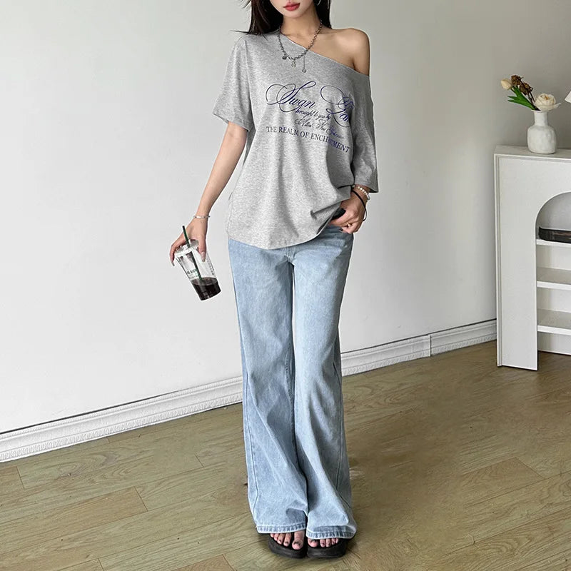 Women's Summer T-Shirt™ Letter Print Graphic Oversized One Shoulder Tops