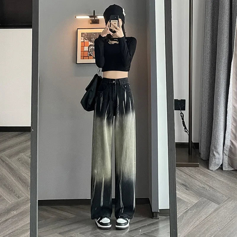 Women's High-waisted Black Grey Denim Pants™ Bell Bottoms Tie-dye Gradient Jeans