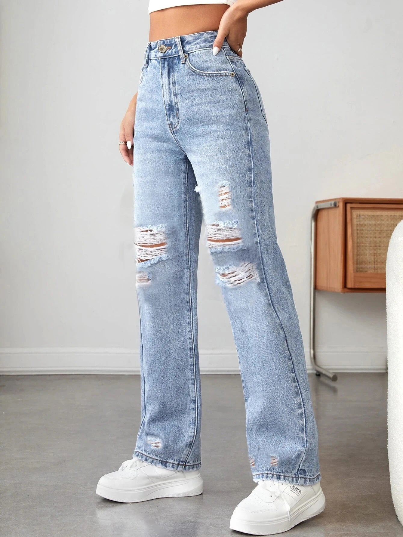 Women's light blue denim jeans™ ripped wide leg loose comfortable slimming all-match out jeans