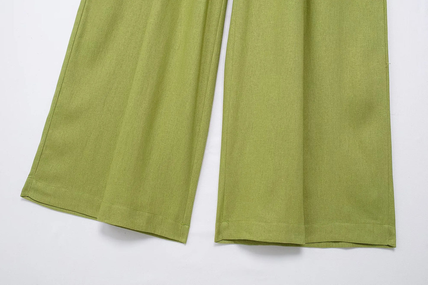 Woman's 2 Piece Set™ TRAFZA Elastic Waist Pocket Folds Decorate Wide Leg Pants Solid Single-Breasted Slit Hem Blouse Top