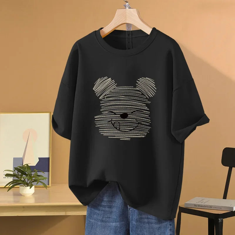 Women's Oversized Half Sleeve T-shirt Loose Fit Vintage Cartoon Bear Design T-shirt