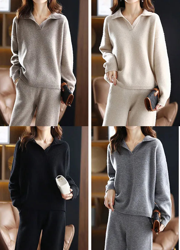 Women's Loose Knitted Sets™ Korean Polo Collar Sweater Pullover High Waist Pants