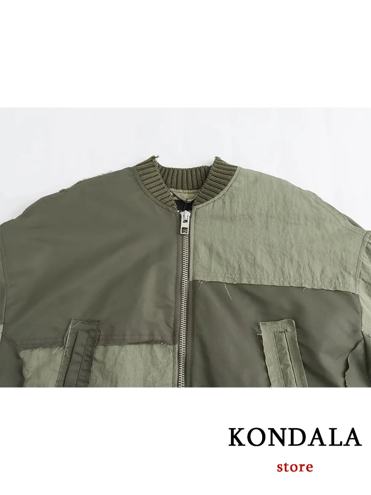 Women's Army green Bomber™ Jackets KONDALA Patchwork Zipper Pockets Oversized Coats