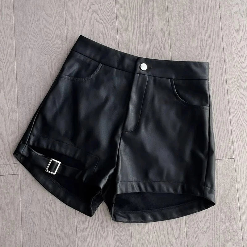 Women's Shorts™ High Waist PU Leather Versatile Hot Shorts Hollow out Buckle Slim Shorts