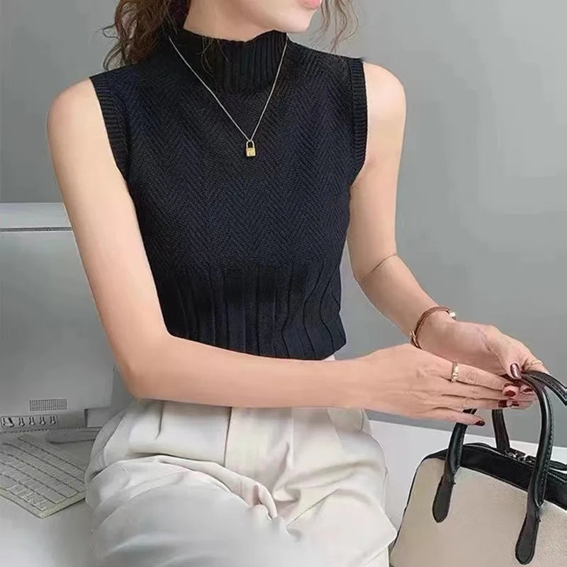 Women's HELIAR Summer Knitted Tank Tops™ Solid Sleeveless Half High Collar Slim Base T-Shirts