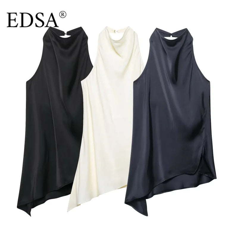 Women's Suit Set™ EDSA Asymmetric Hem Open Back Halter Neck Blouse Mid-rise Straight Long Trousers Suits