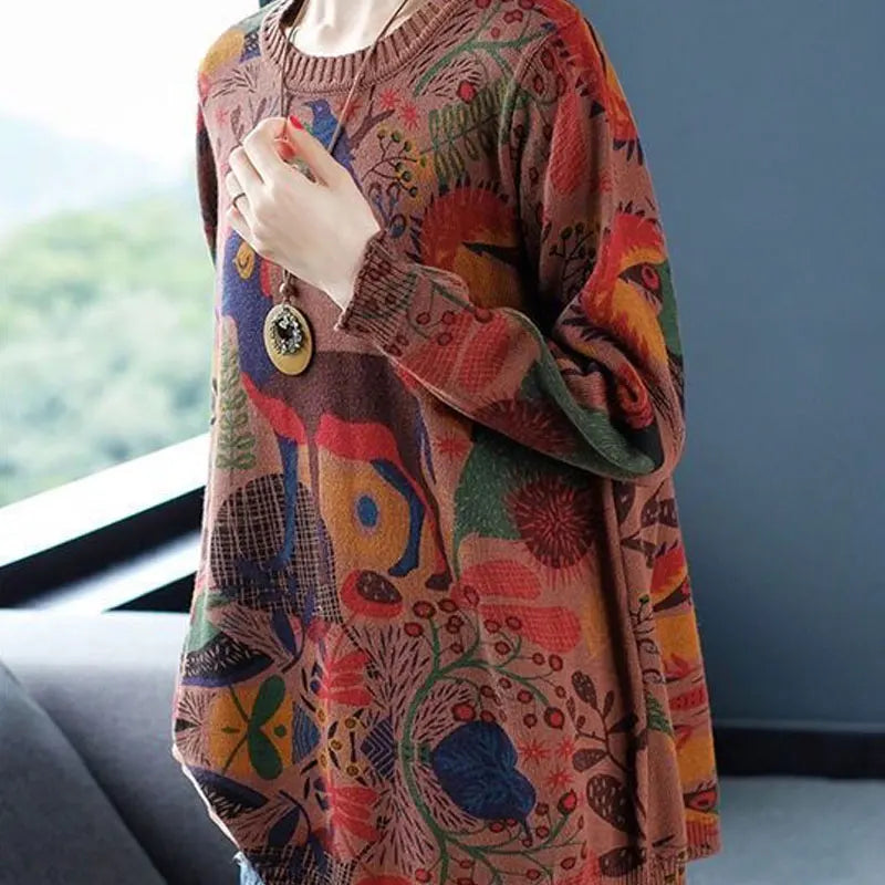 Women's O-Neck Abstract Printed Jumpers™ Loose Patchwork Vintage Long Sleeve Knitted Sweaters