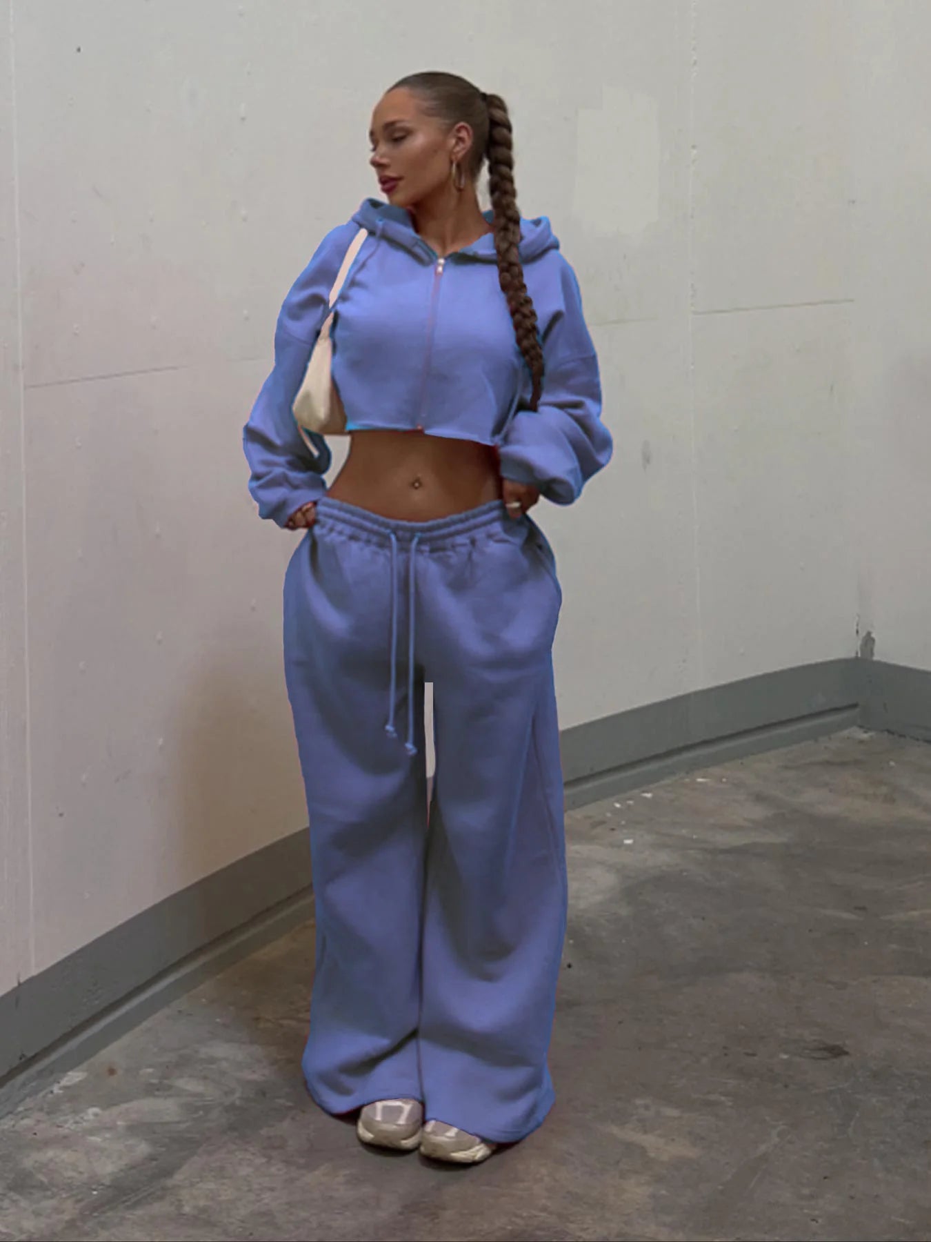 Women's Two Piece Set™ Zip Up Crop Drawstring Long Sleeve Hoodie &Drawstring Waist Sweatpant