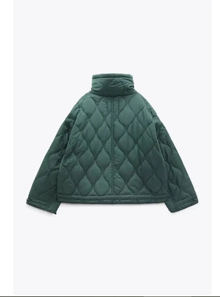 Women's Quilted Coat™ drawstring ties high neck pocket clip cotton jacket for women