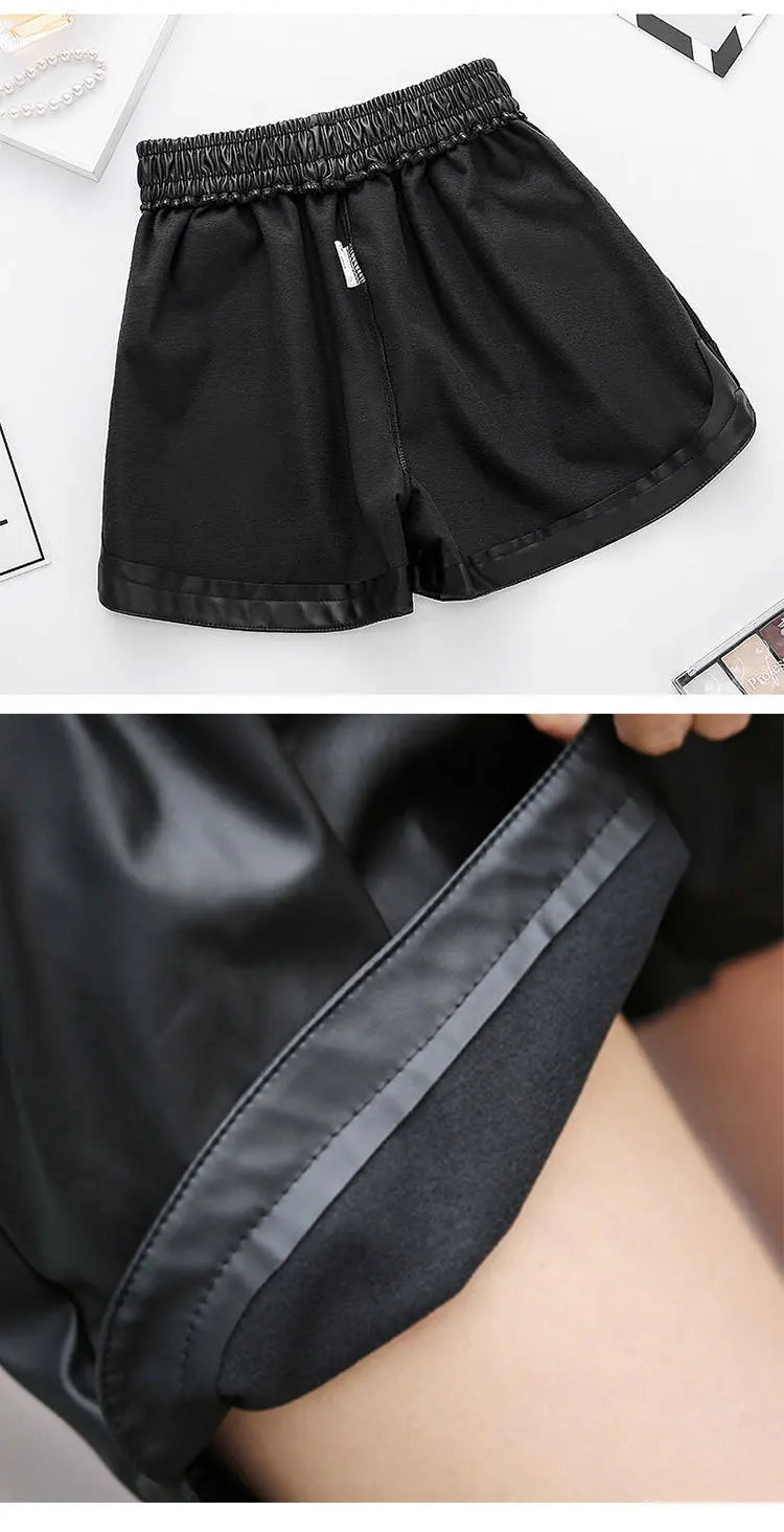 Women's Shorts™ Black PU Leather High Waist Wide Leg Faux Leather Shorts