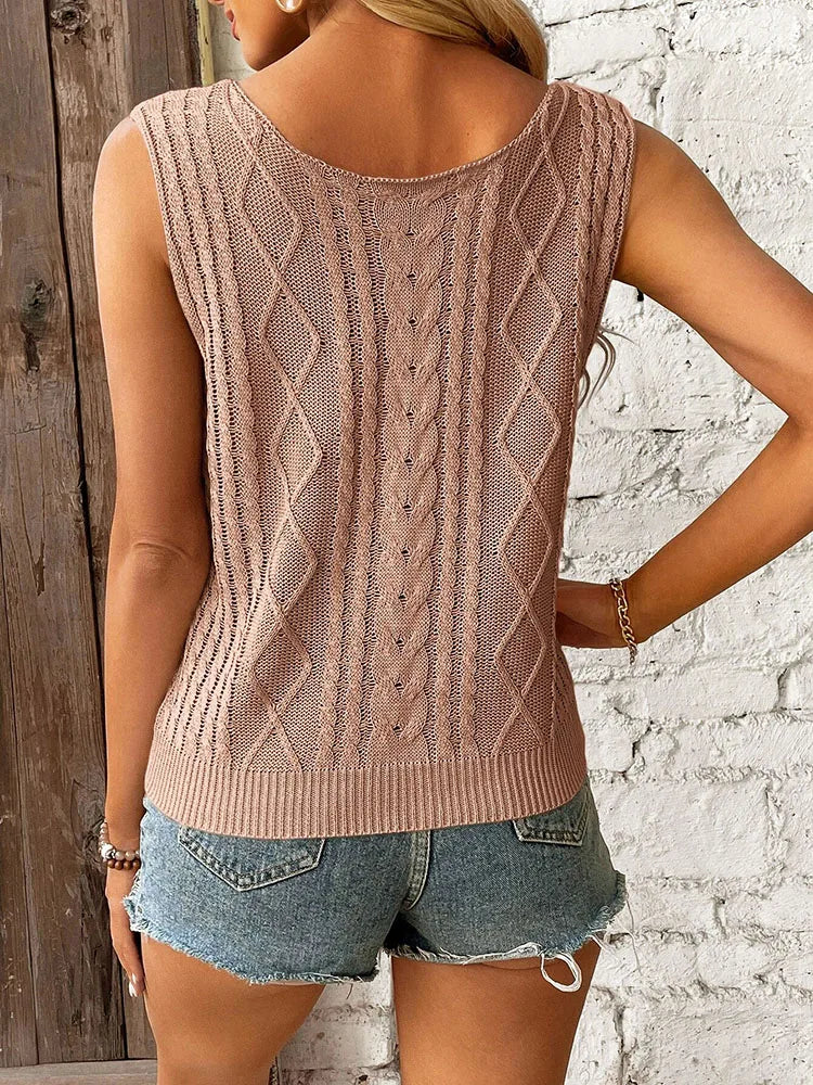 Women's Summer Elegant Sleeveless Vest™ Diamond Fried Dough Twists V-neck Knit Solid Top