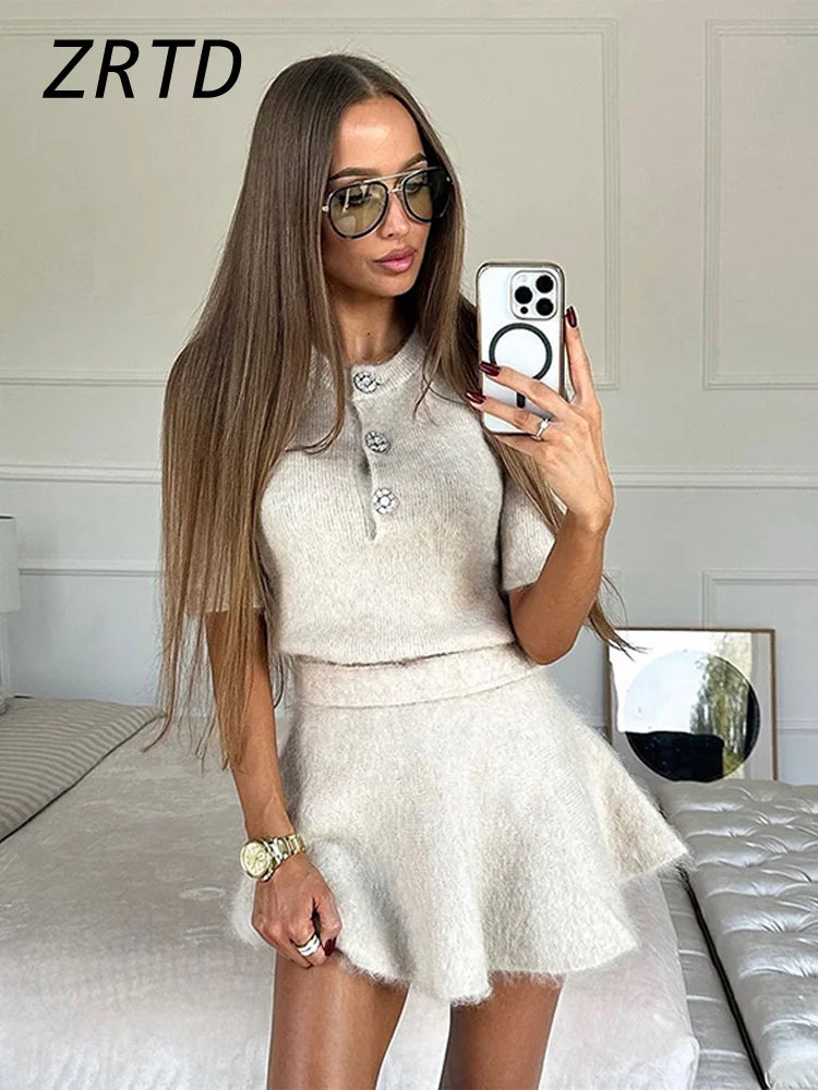 Women's Wool Suits™ Half Sleeve Slim Skirts Top Short Shirt Set Knitted Outfits