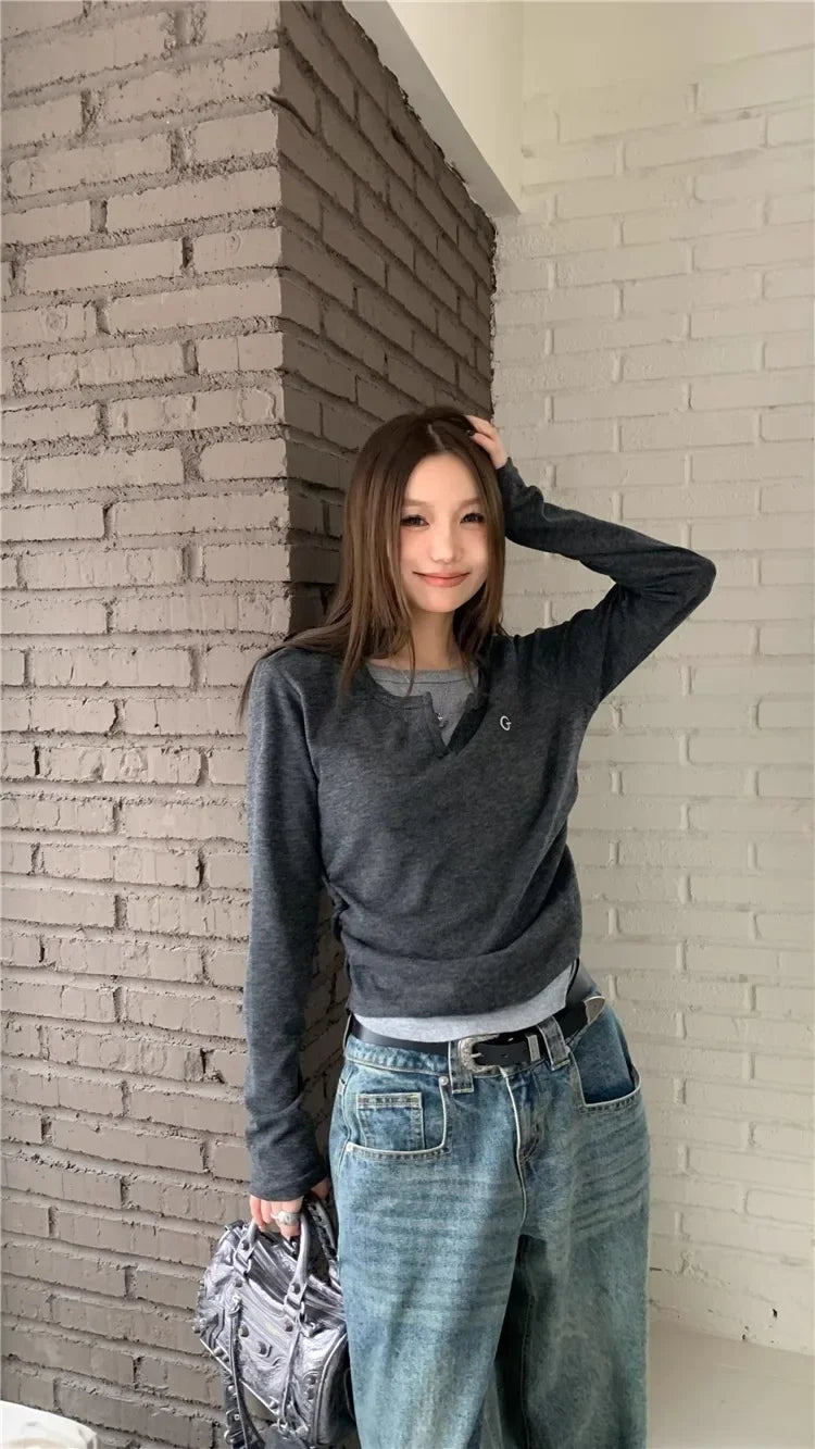 Women's T-Shirt™ Long Sleeves Korean Fashion Style O-neck Fake two items T-shirt