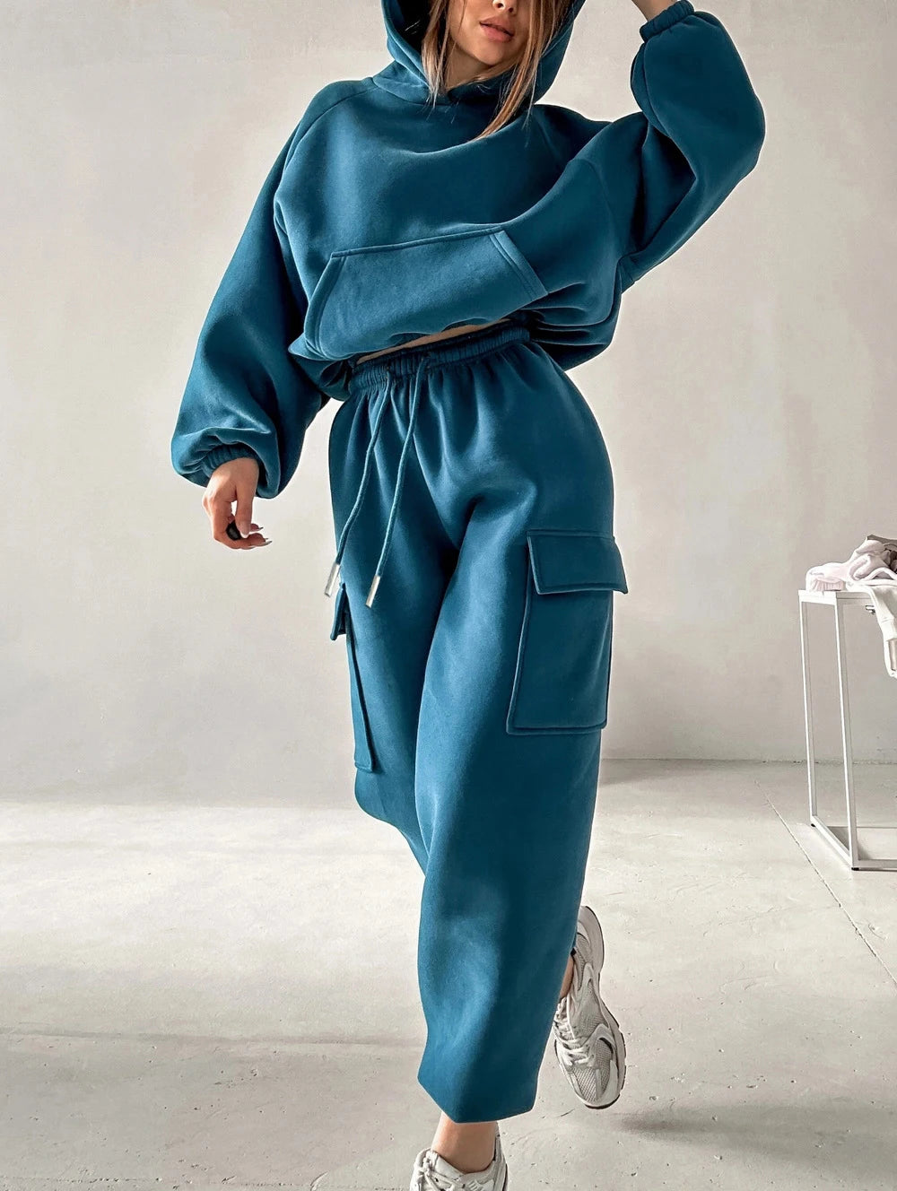Women's suit sporty clothes™ Long Sleeve Hooded Short Sweatshirt Warm Long Sweatpants