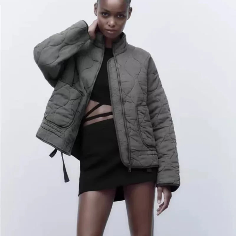 ZW Women's Cotton Jacket™ Traf New Arrival Vintage Lensing Rayon High Collar Large Pocket Quilted Coat