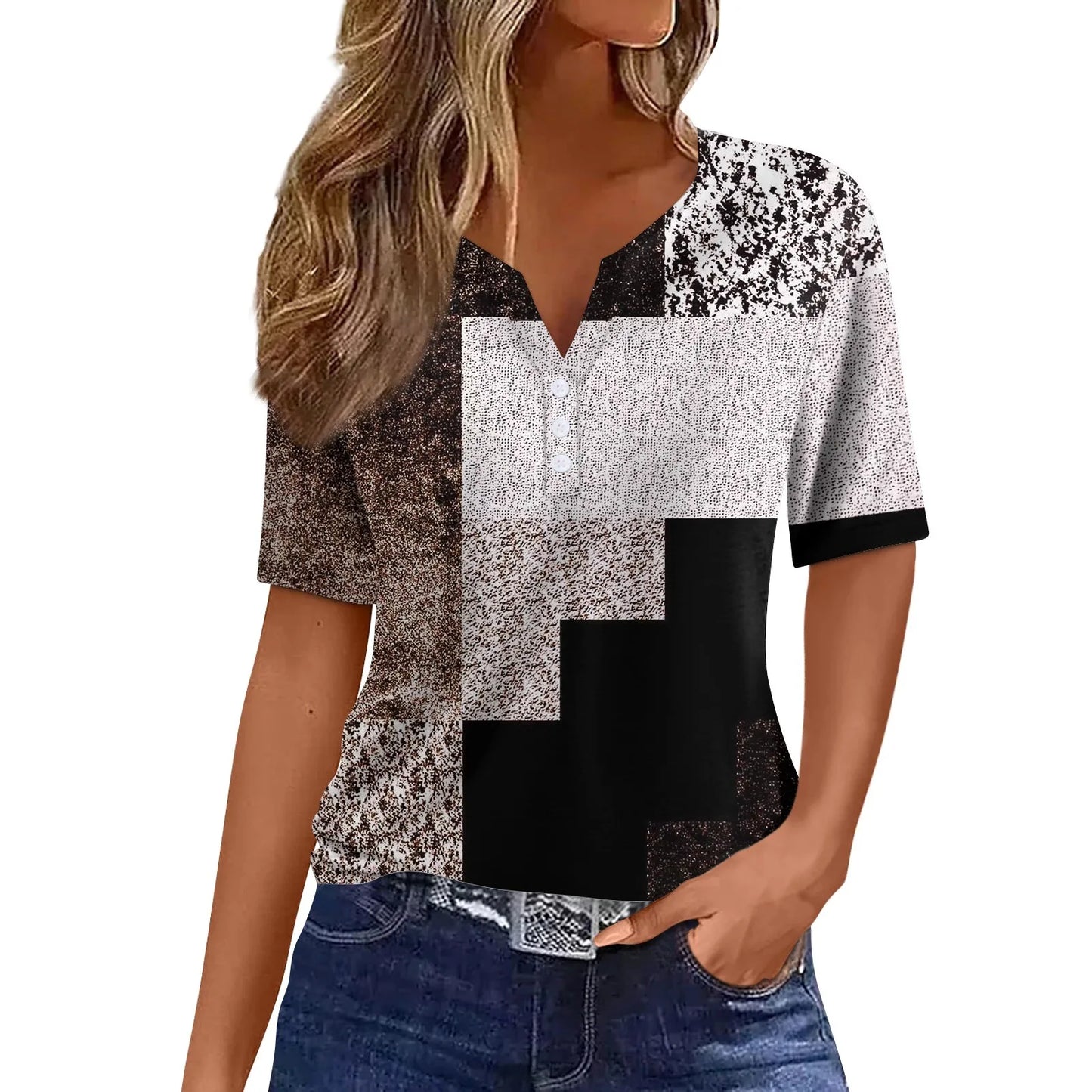 Women's Summer Patchwork T-Shirts™ Short Sleeve Loose Ladies V-Neck Tops