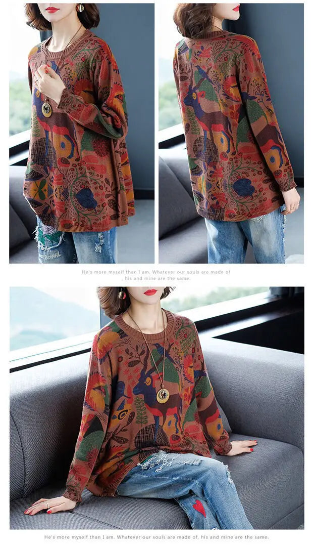 Women's O-Neck Abstract Printed Jumpers™ Loose Patchwork Vintage Long Sleeve Knitted Sweaters