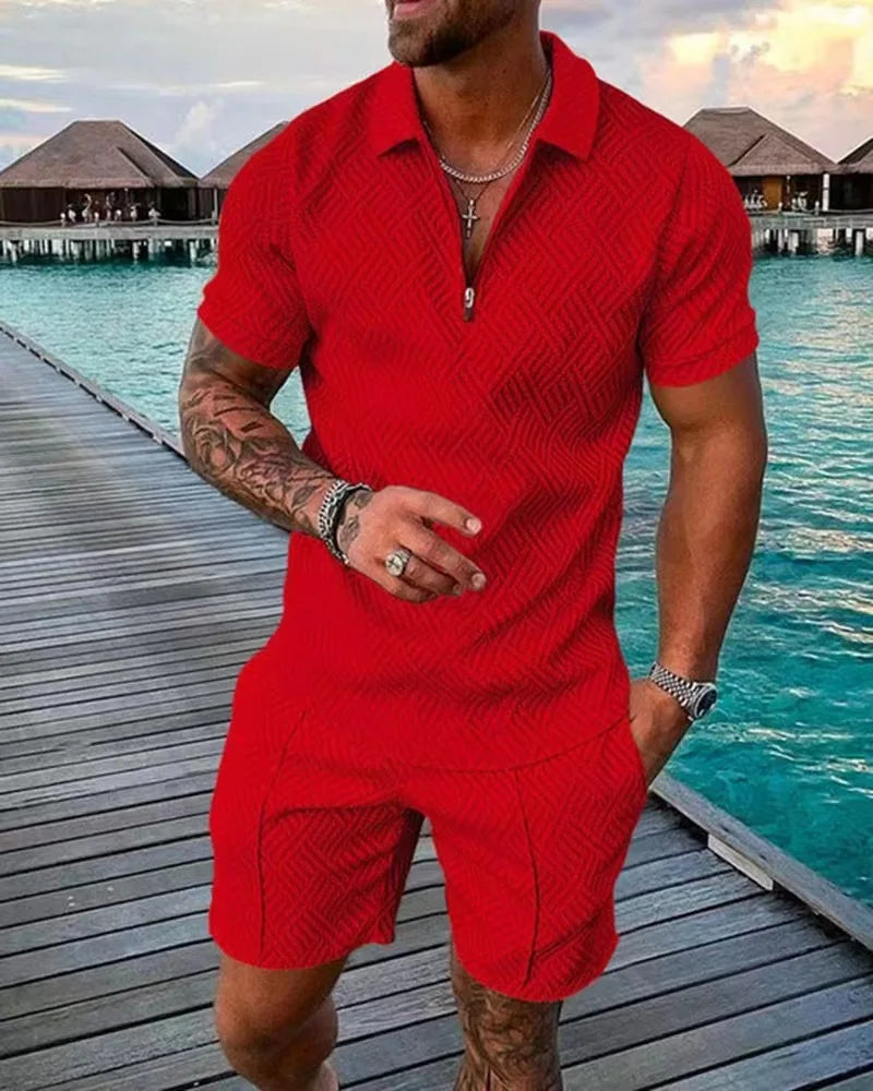 Men's Shorts Set™ Short Sleeve Zip Polo Shirt Street T-shirt Two Piece Casual Sportswear