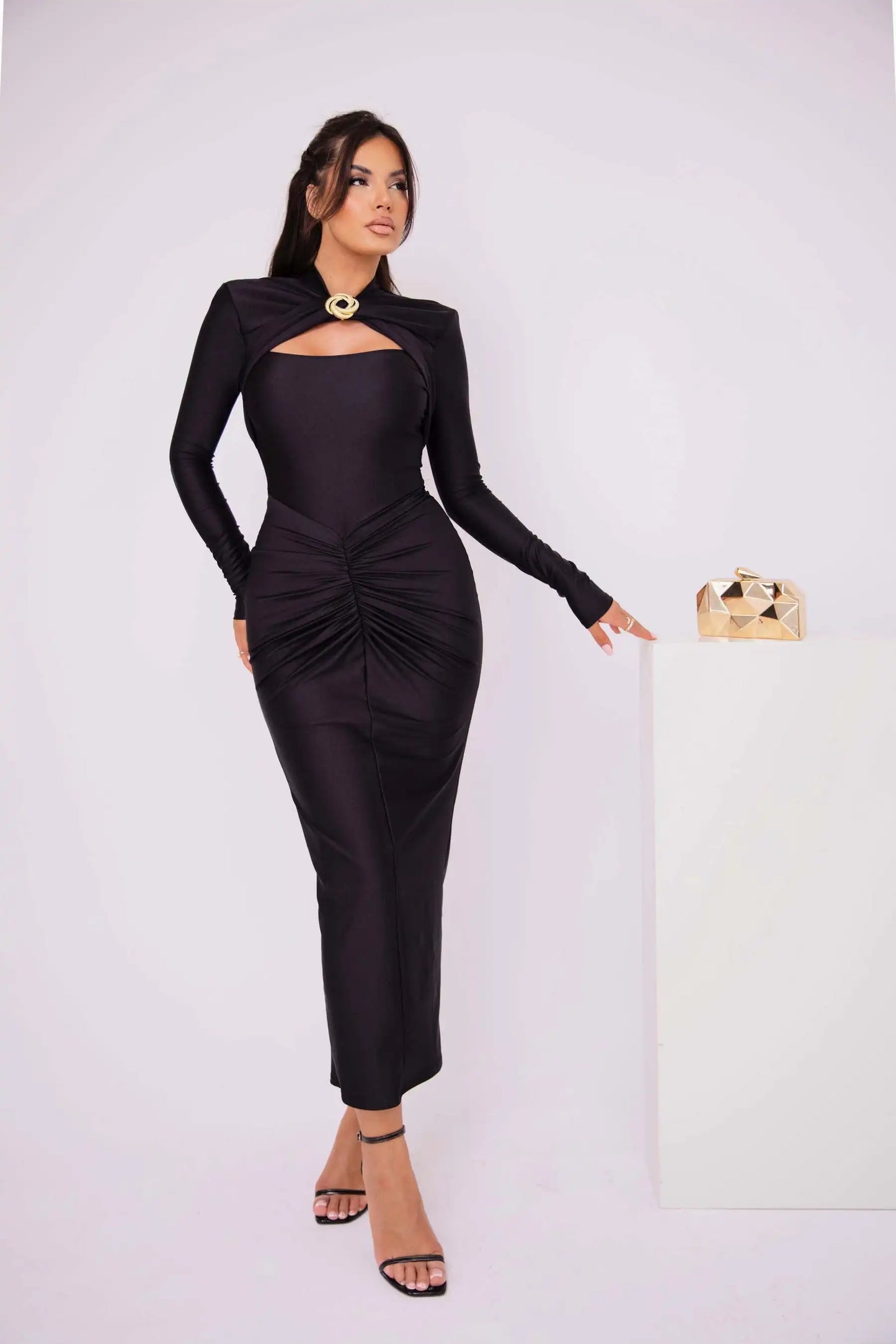 Women's Articat Tight Long Dress™ Elegant Long Sleeved Elastic Bodycon Pleated Hollowed Out Slim Dress