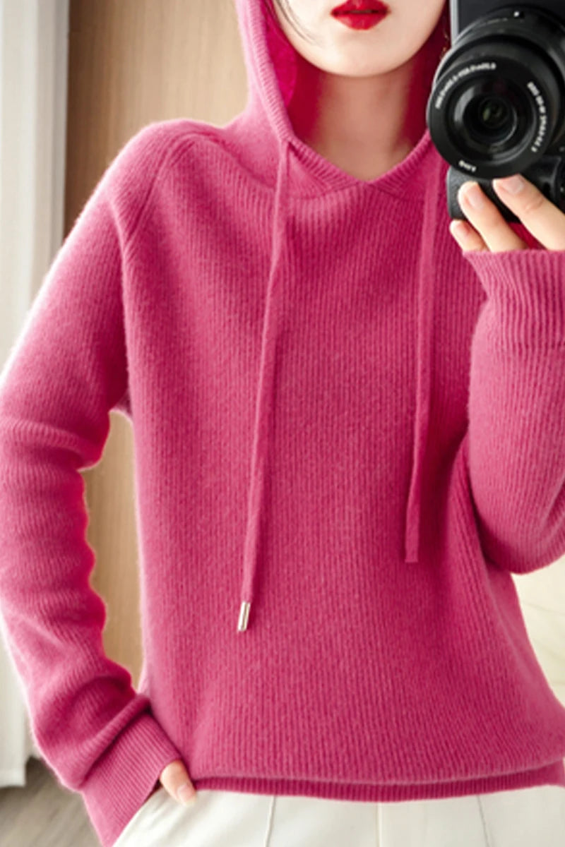 Women's Knitted Cashmere ™ Wool Sweater Hooded Neck Long Sleeve Pullover