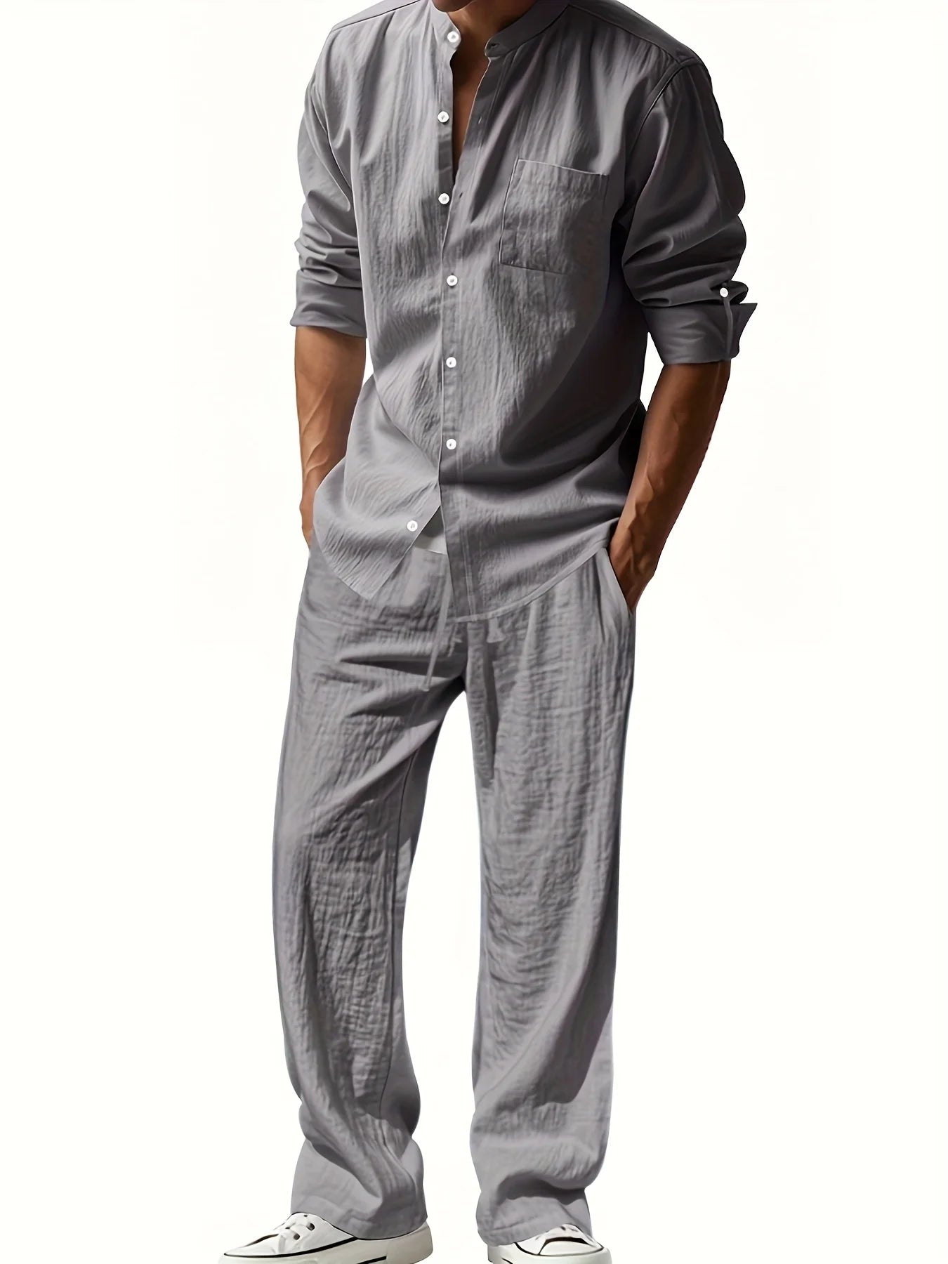 Men's Casual Linen Suit™ Long Sleeve Crew Neck T-shirt +Loose Fit Pants