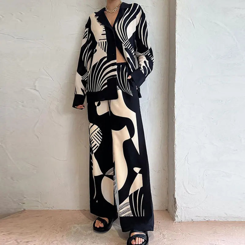 Women's 2 Piece Set™ Chic Lapel Long Sleeved Blouse Top Loose Straight Leg Pants Suit