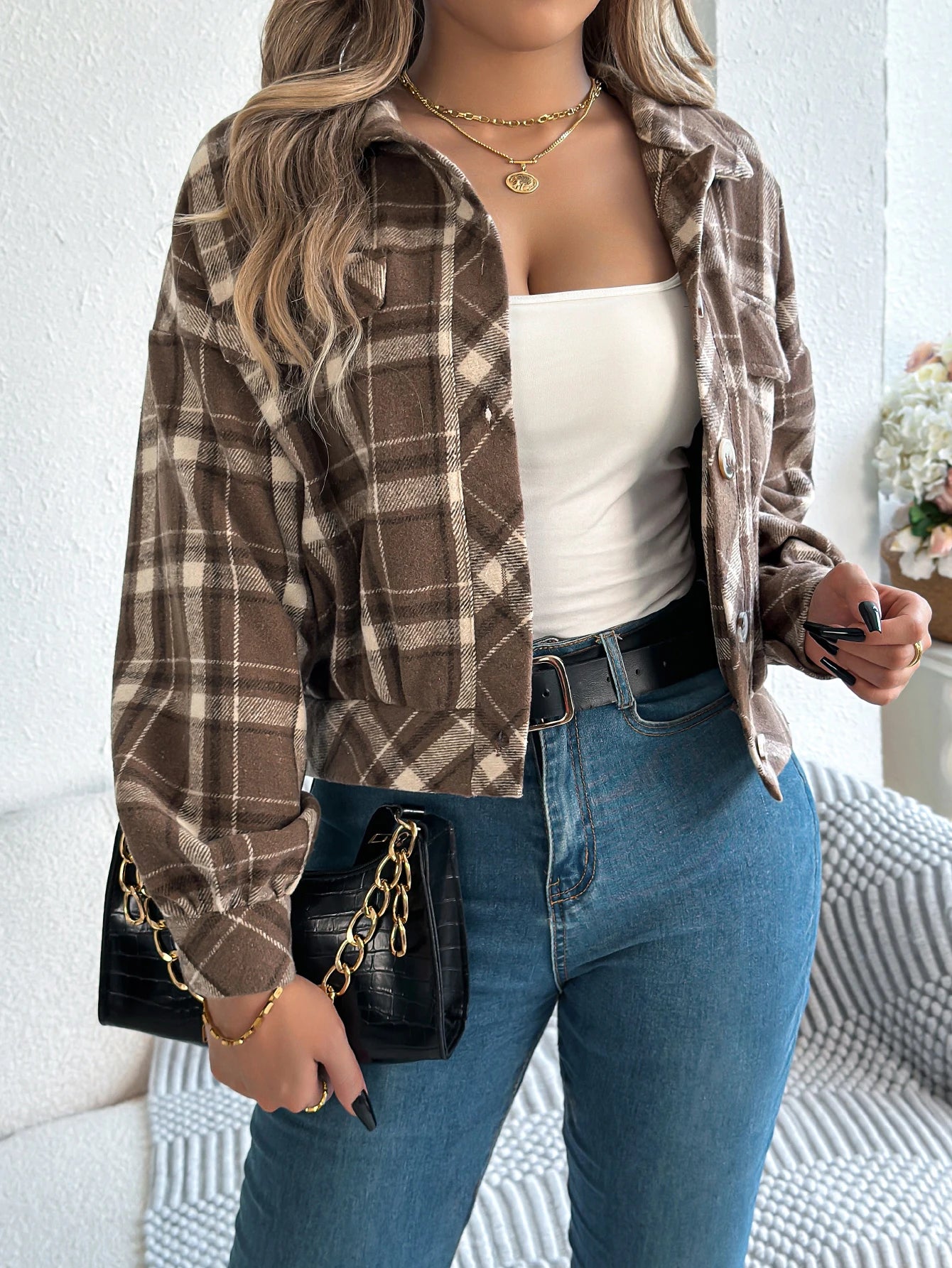 Women's Plaid Short Coat™ Lantern Long Sleeve Turn-Down Collar Button Woolen Jacket