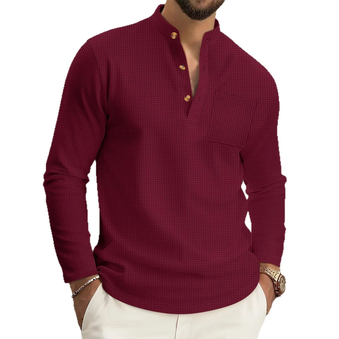 Men's casual waffle check long-sleeved shirt™ stand-up collar button semi-cardigan