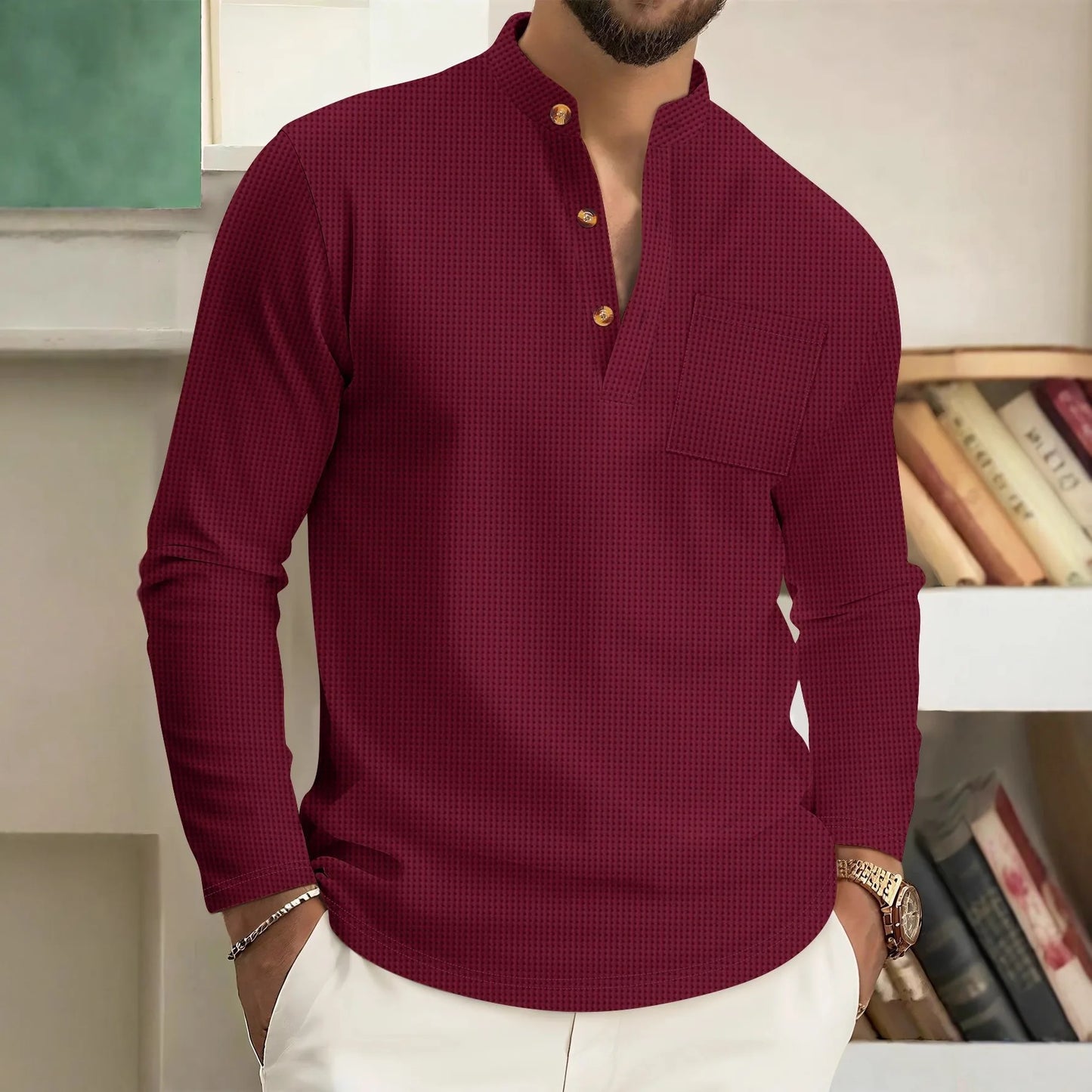 Men's casual waffle check long-sleeved shirt™ stand-up collar button semi-cardigan