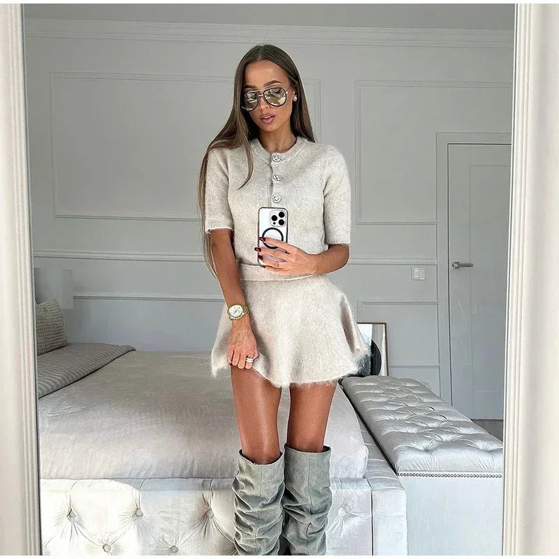 Women's Wool Suits™ Half Sleeve Slim Skirts Top Short Shirt Set Knitted Outfits