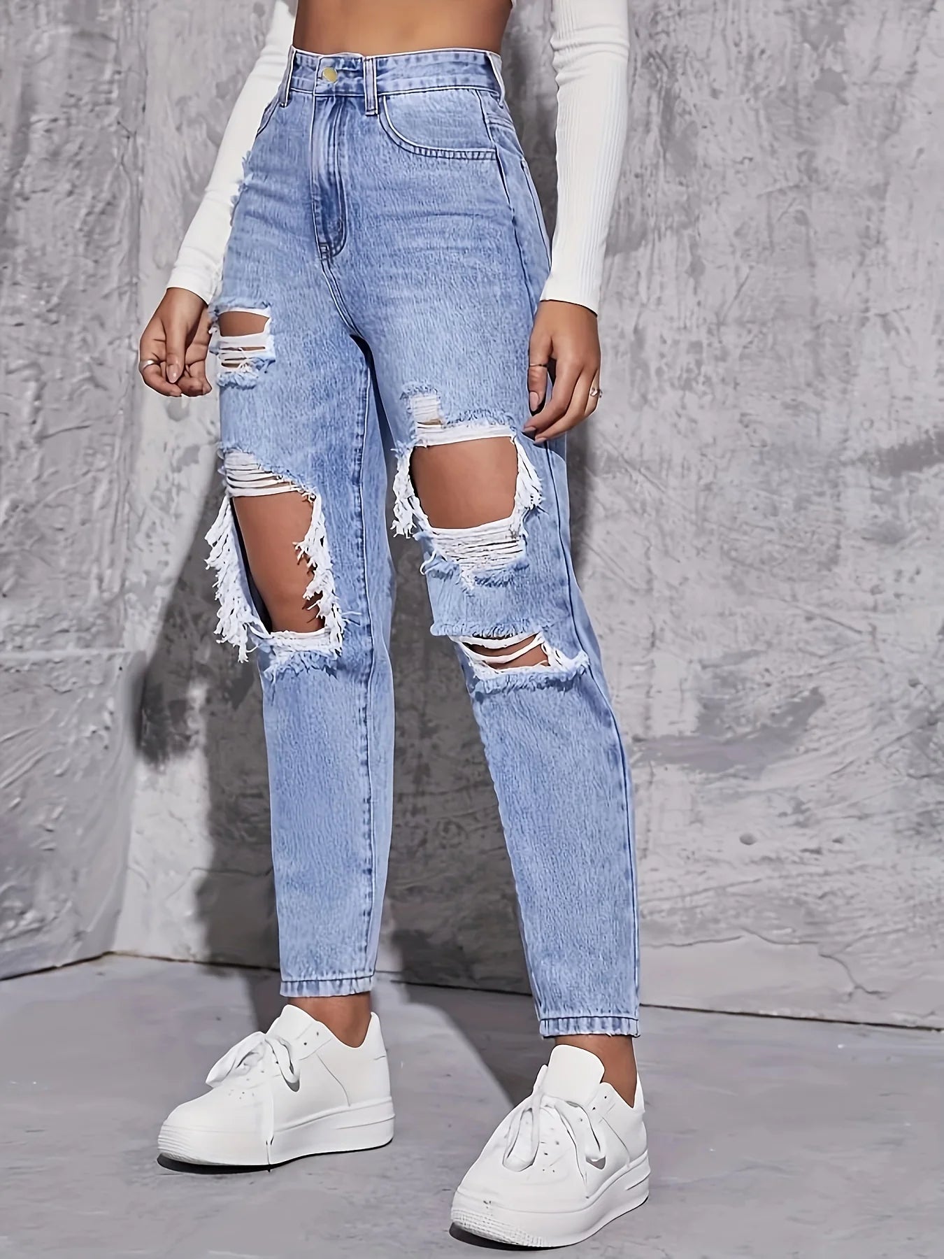 Women's Retro Hole-punched Jeans™ High Waist Straight Loose Slim Dragging Pants