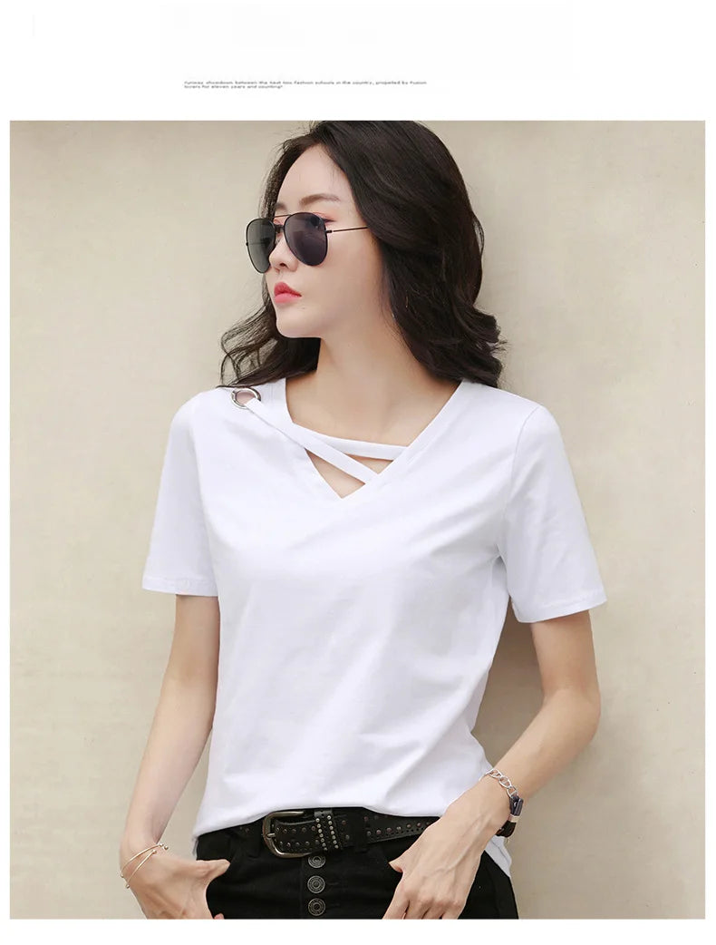 Women Short Sleeve Heart-neck T-shirt™ Half-sleeve Loose Tops