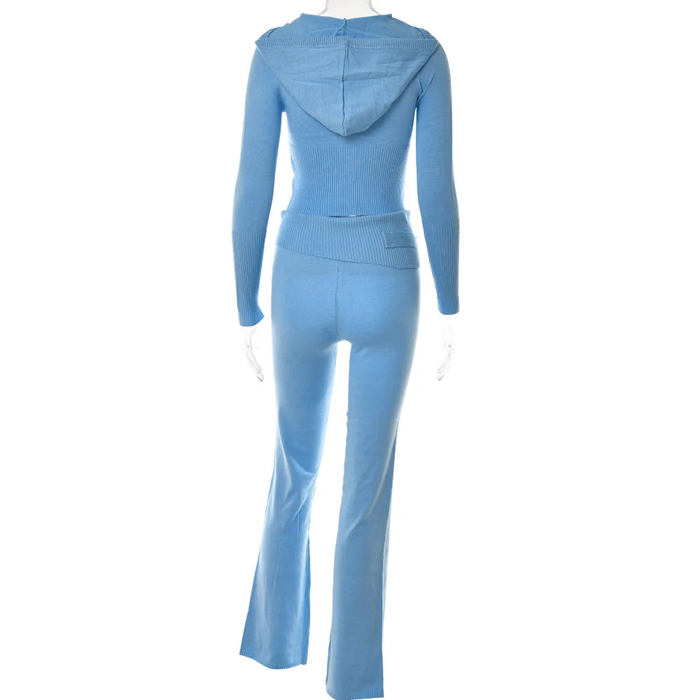 Women's Knitted Tracksuit™ Long Sleeve Zipper Hooded Sweater Crop Top Flare Pants Stretch Matching Suit Outfit