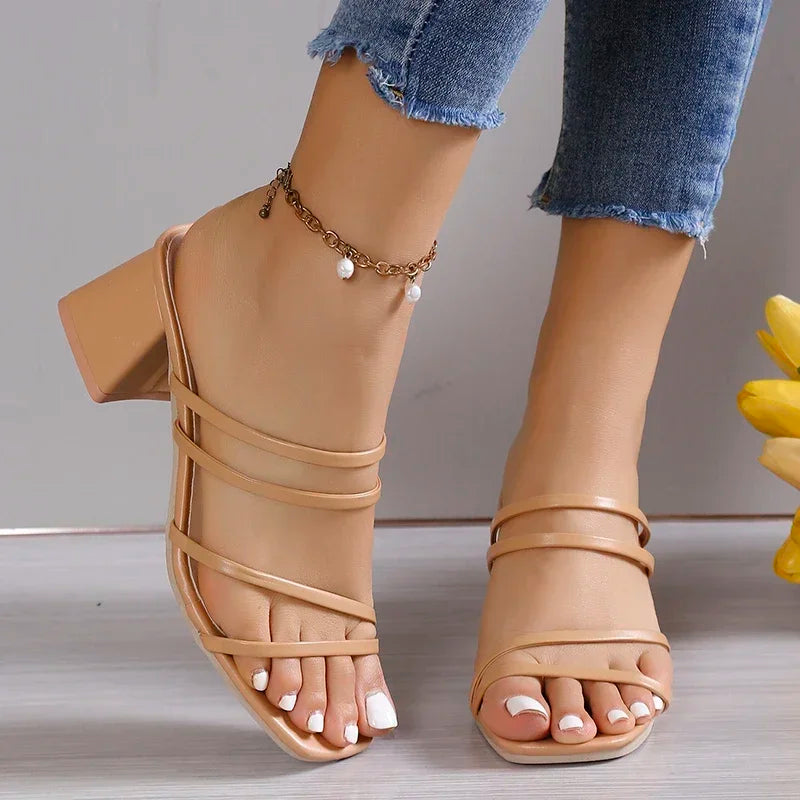 Women's Sandals™ Ladies Square Heels Outside Cross Tied Leather Sandals