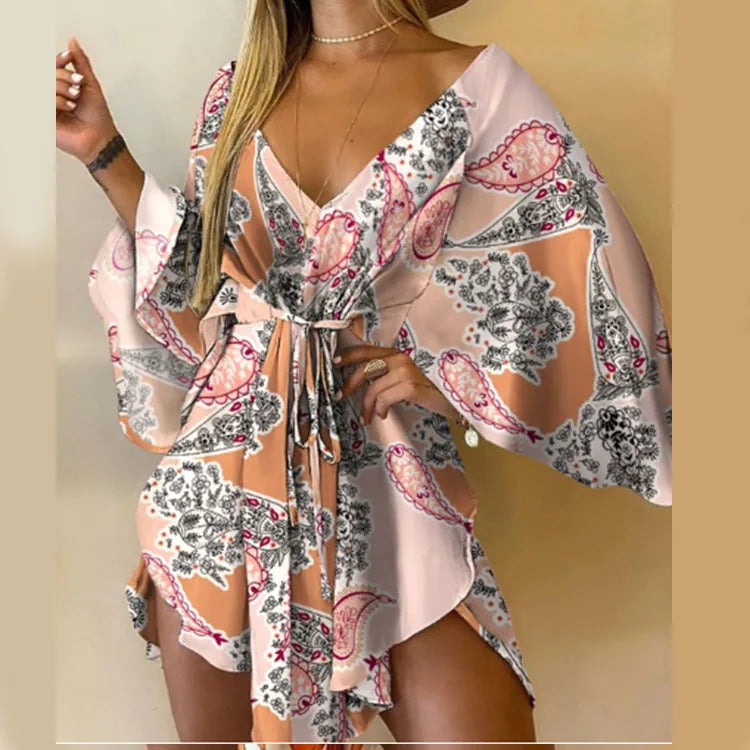 Women's Print V-Neck Bat Sleeve Ruffe Dress™ Flowers Print Bohemian Beach Mini Dresses