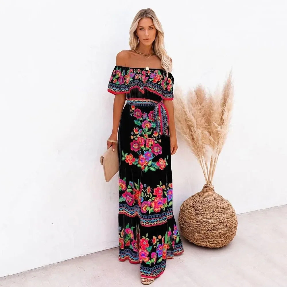 Women's Spring Summer Dresses™ Stand Off-shoulder Red Flower Printing Long Oversized Wide Hemline Sleeveless Dress