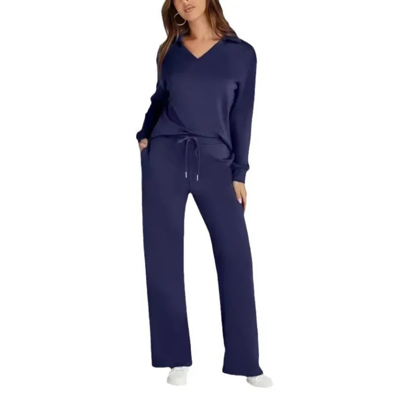 Women's 2 Piece Set™ Loose Long Sleeve V-Neck Top with Drawstring Elastic Waist Bell BottomsSet