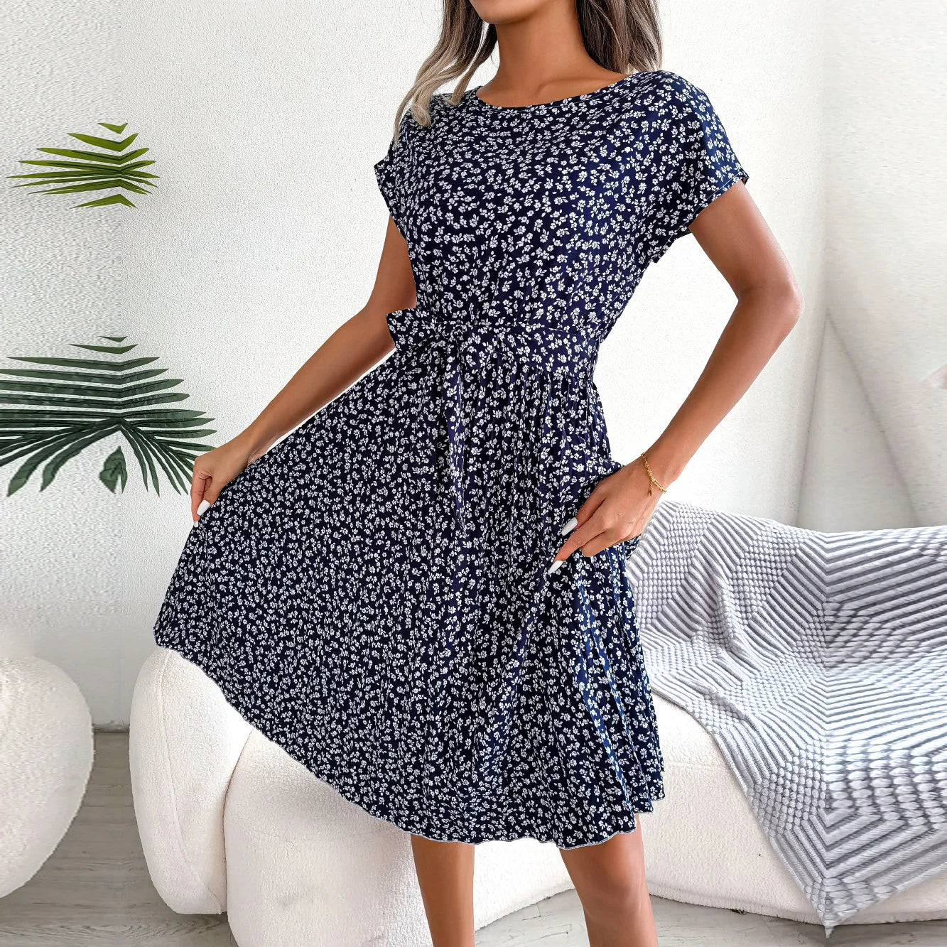 Women Dresses™ Spring Summer Short Sleeve High Waist Floral Pleated A Line Long Dress