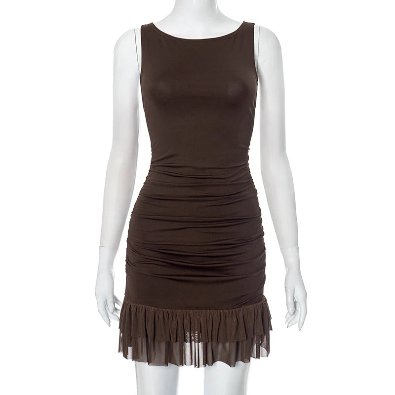Women's Mini Dress™ Sleeveless Pullover Shrink Pleated Ruffle Hem Mesh Lace Short Dress