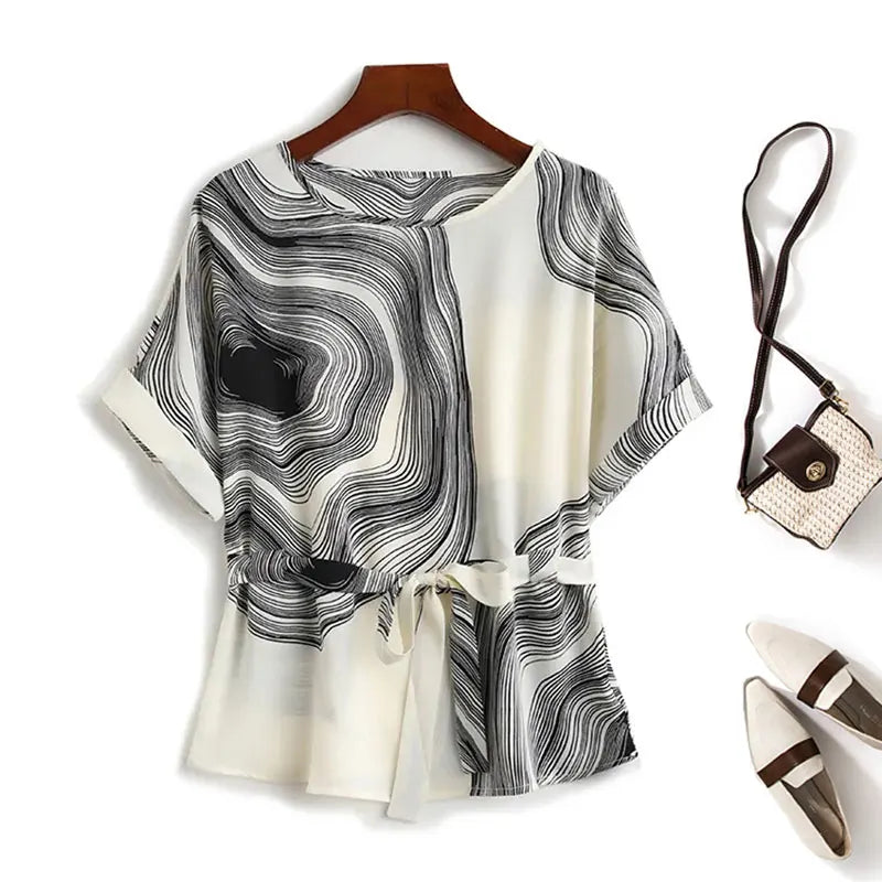 Women's Black Vortex Striped Print Vintage T-Shirt Chiffon O-Neck Short Sleeve Lace-up T-shirt