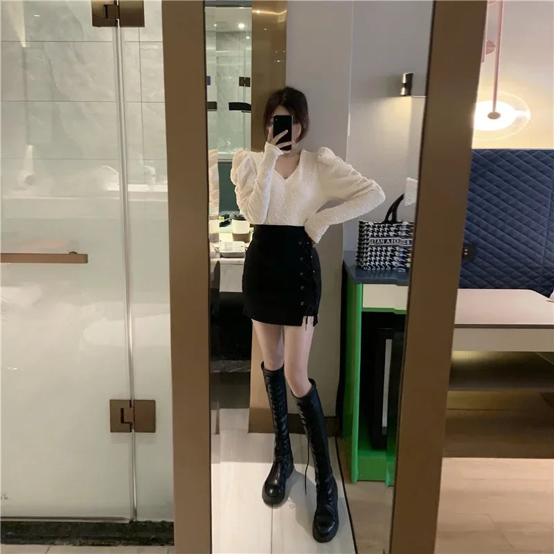 Women's Shorts Skirts™ High-waisted Slimming A- line Black Cross-body Tied Irregular Short Skirt