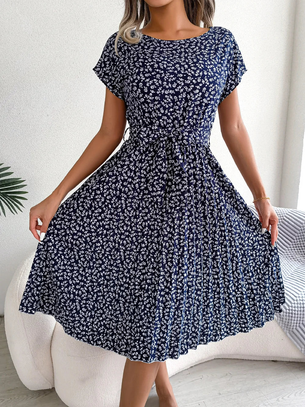 Women Dresses™ Spring Summer Short Sleeve High Waist Floral Pleated A Line Long Dress