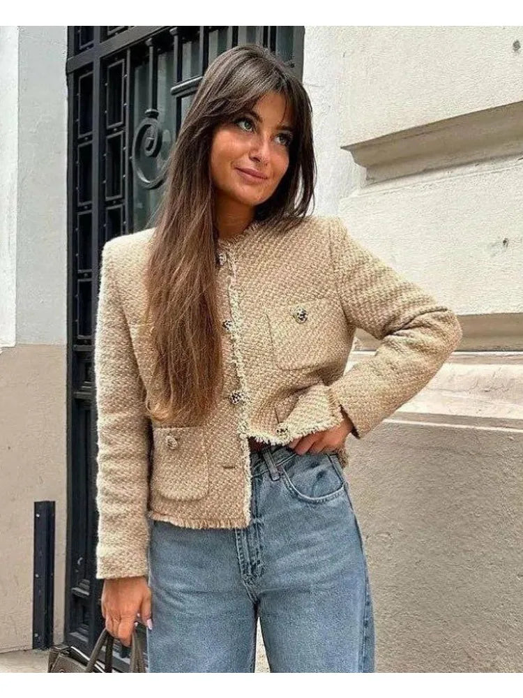 Women's Tweed Basic Jacket™ Long Sleeve Front Button Woolen Coat