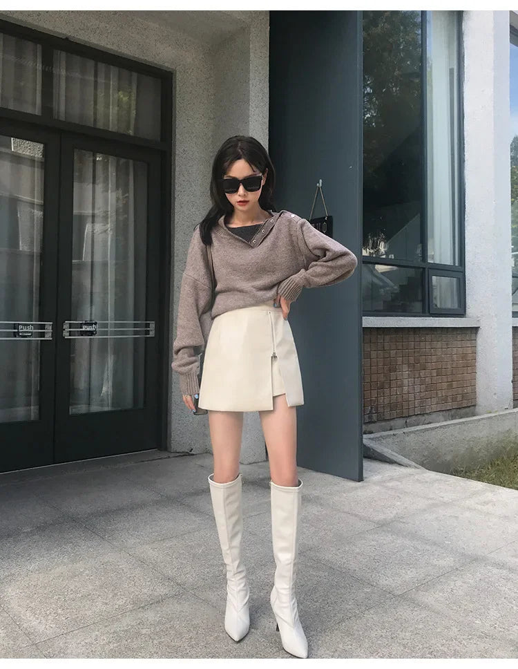 Women's Mini Dress™ Fashionable Zippered Pu Leather Slimming High-waisted A- line Skirt